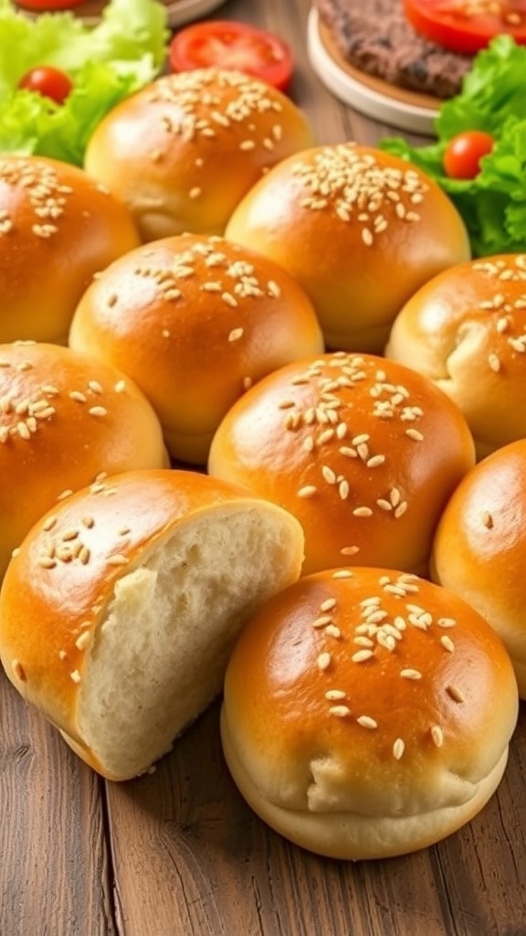 Homemade Hamburger Rolls Recipe Golden brown homemade hamburger rolls with sesame seeds on a wooden table, some sliced open.